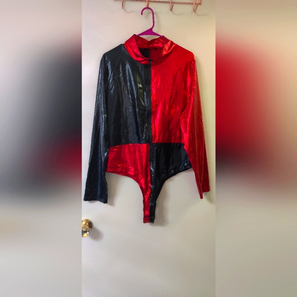 Bold Red and Black Color block bodysuit Halloween Festival Rave wear